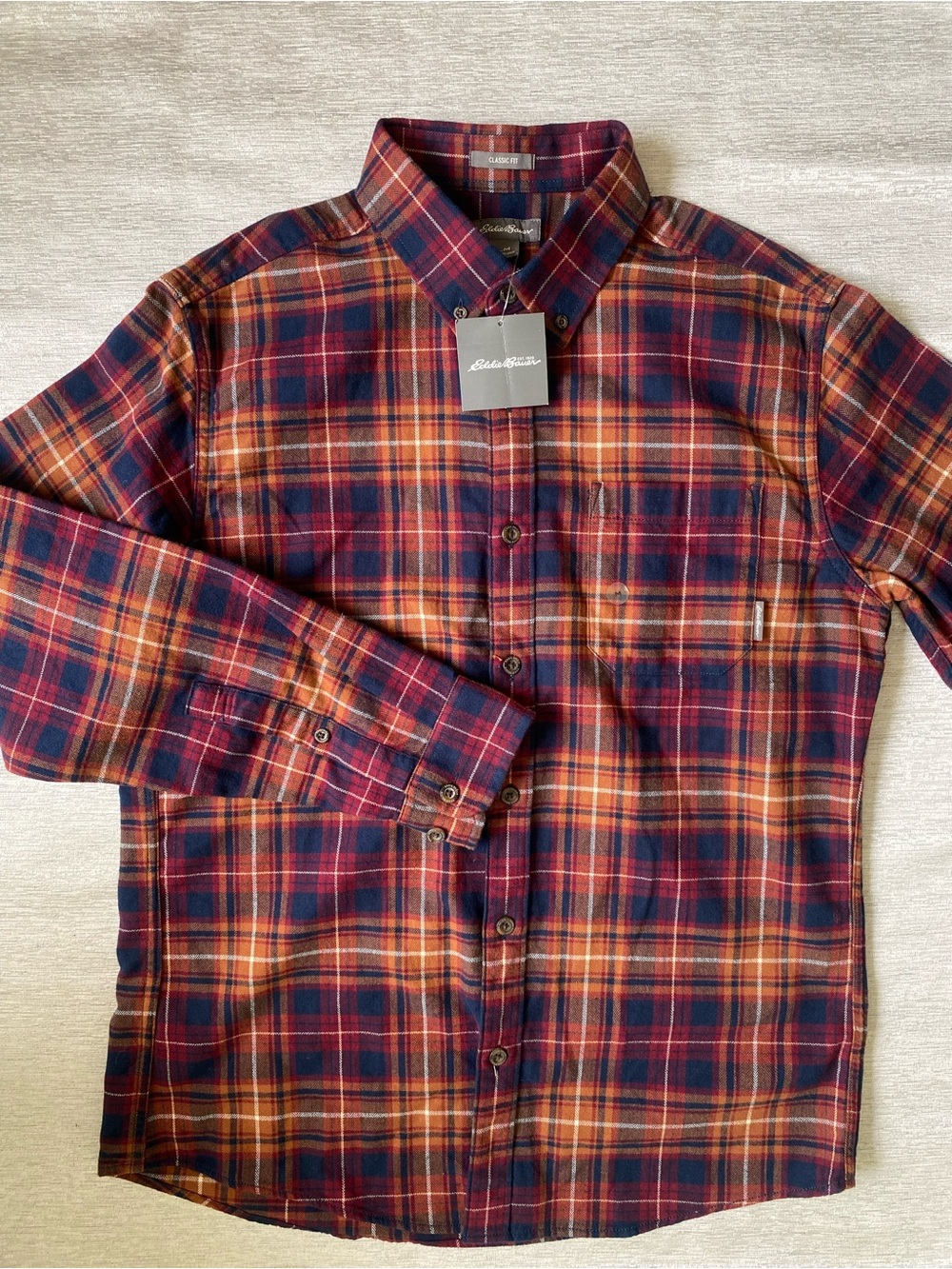 Eddie Bauer Men's Red, Navy & Orange Plaid Button-Down Shirt NWT